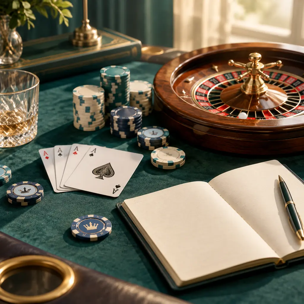 Meja casino dengan kartu, roda kecil dan keping berwarna netral