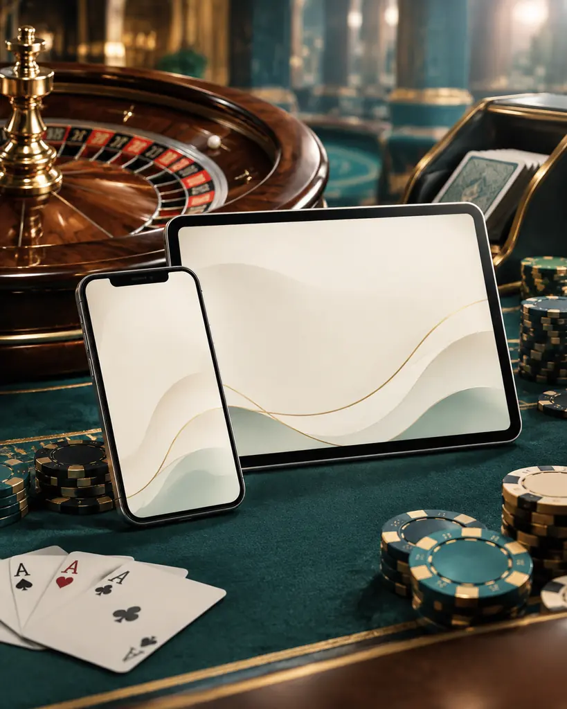 Ponsel dan tablet menampilkan halaman sederhana di meja casino