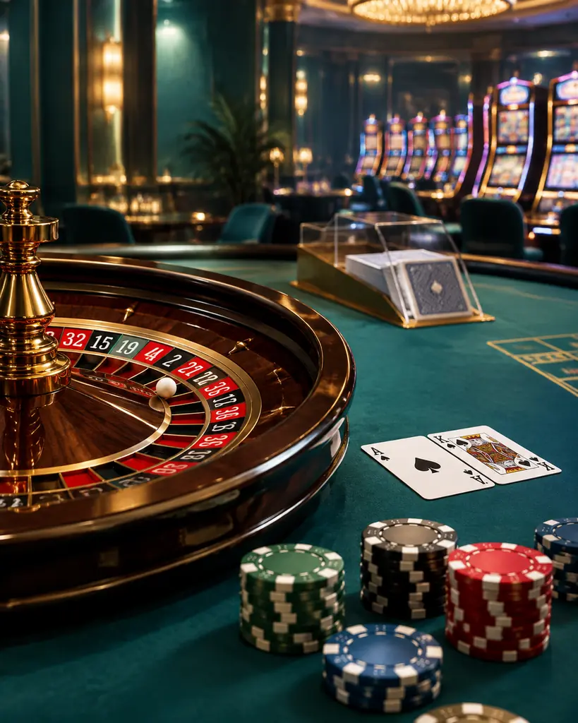 Meja roulette, kartu baccarat dan blackjack di ruang casino