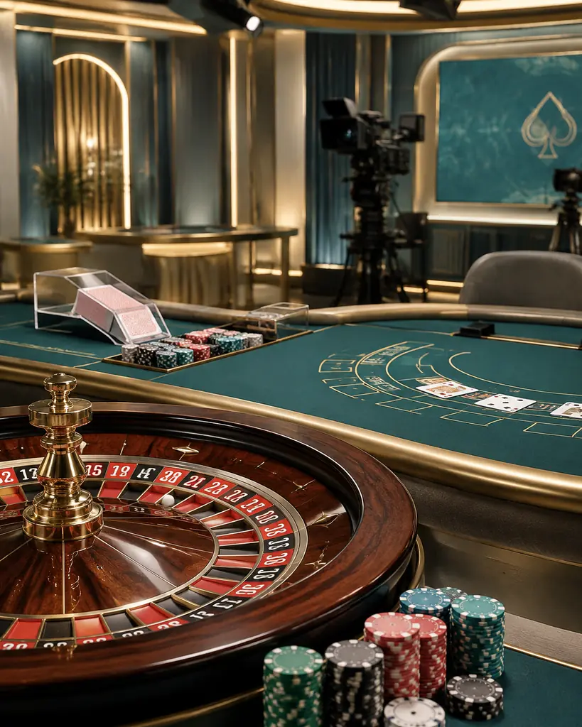 Studio casino dengan meja baccarat, blackjack dan roda roulette