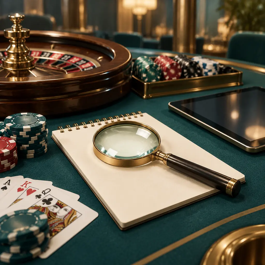 Kaca pembesar dan catatan kosong di meja casino