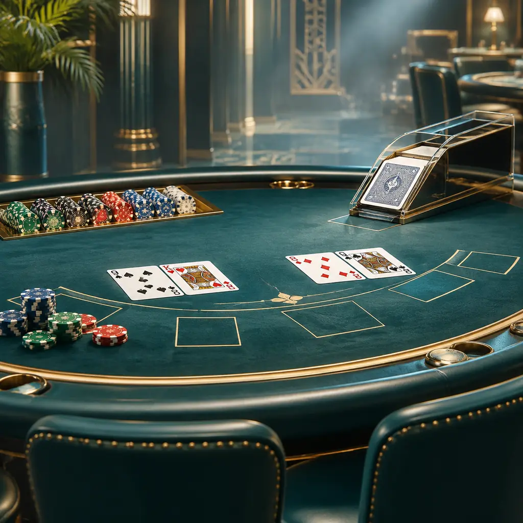 Meja kartu casino dengan kartu terbuka dan sepatu kartu