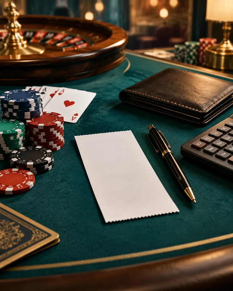 Bukti transaksi kosong dan kalkulator di meja casino