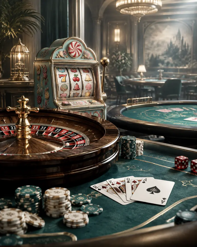 Susunan mesin slot, roda roulette dan kartu di casino