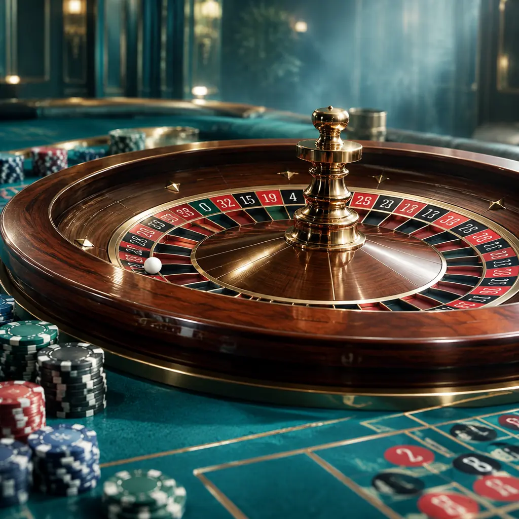 Roda roulette nol tunggal dengan bola putih dan keping