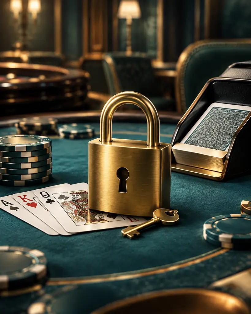 Gembok logam di samping kartu dan keping casino